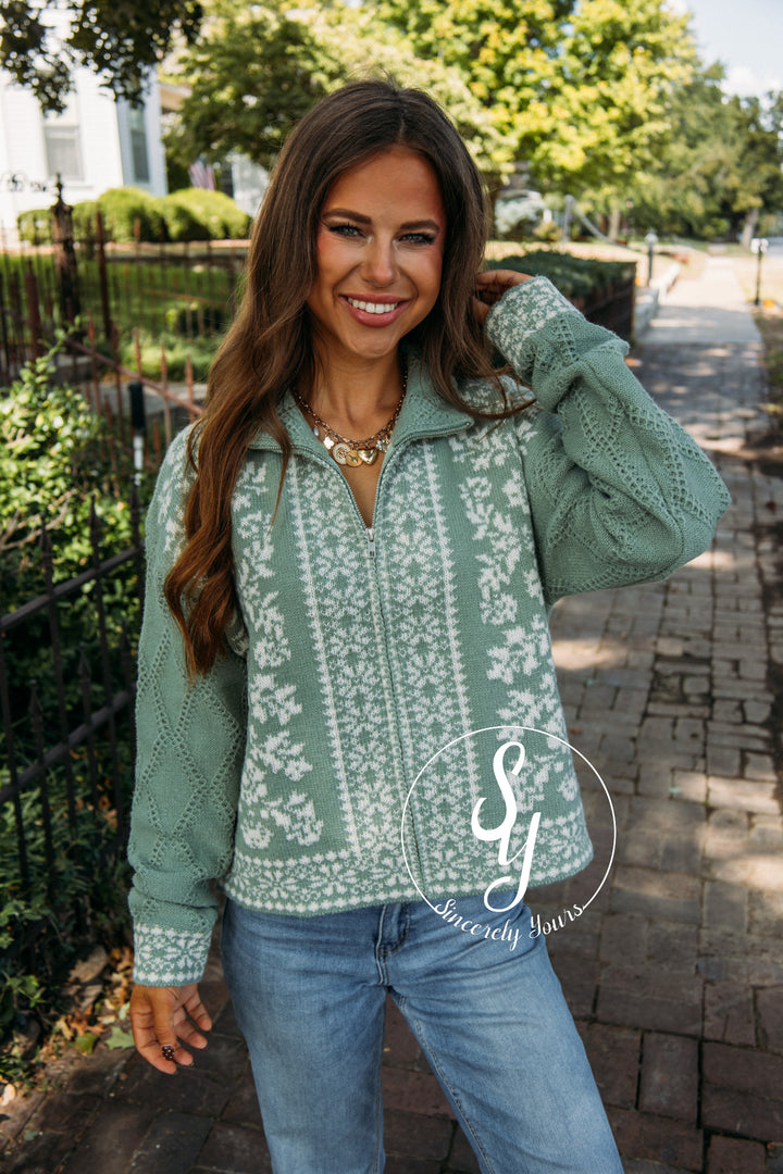 Morning Dew Zip Sweater- Sage