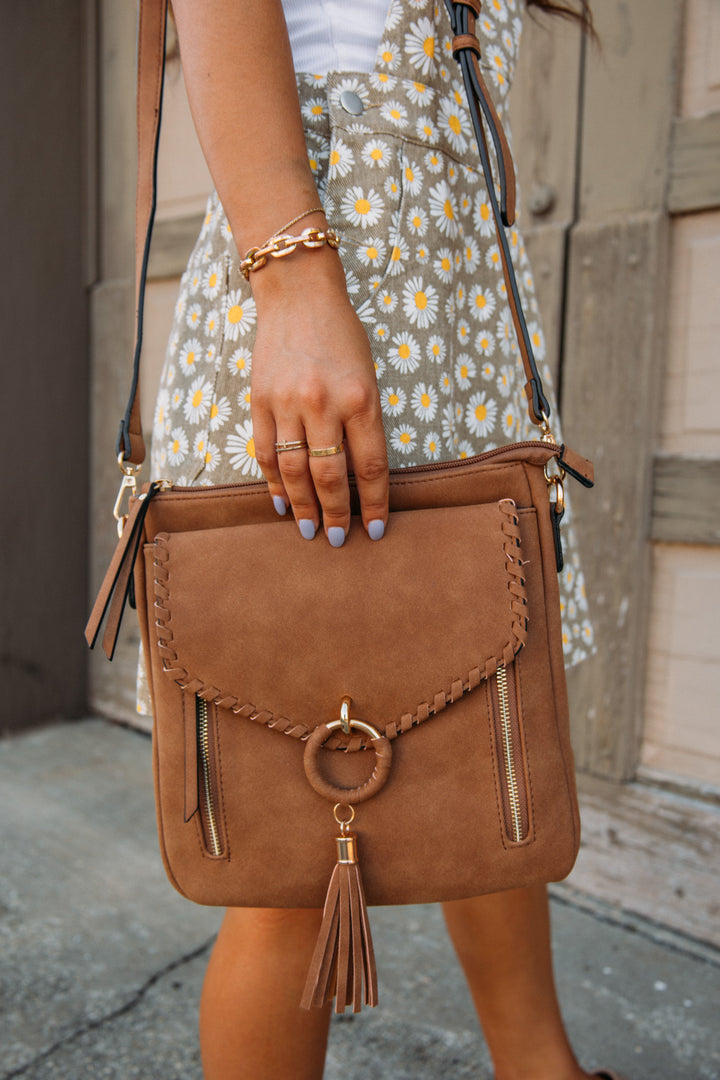 Layla Faux Suede Whipstitch Crossbody -Brown