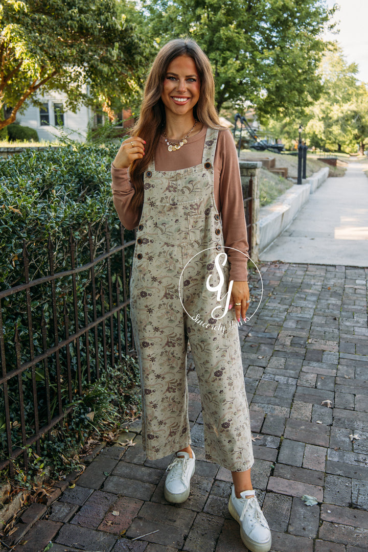 Meena Floral Overalls- Faded Olive