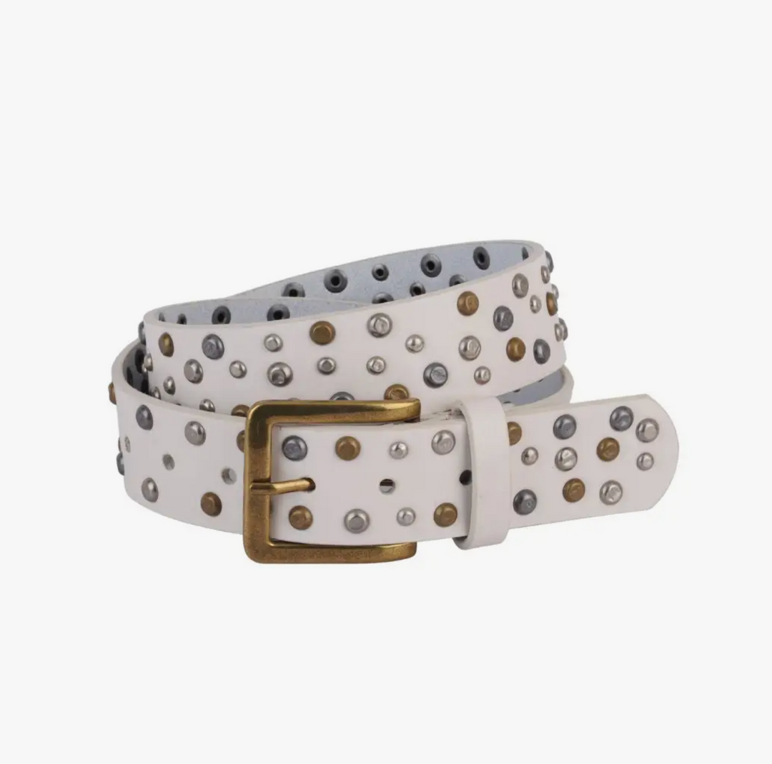 Distressed Studded Leather Belt - Beige