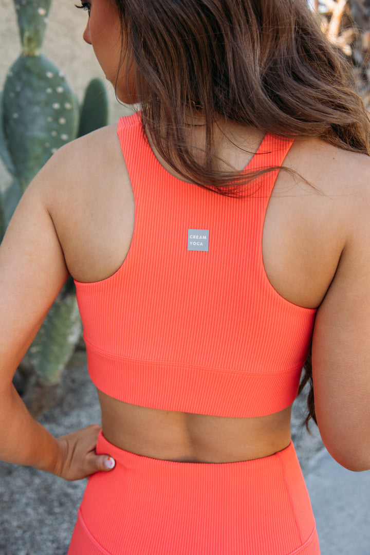 Sophia High Neck Ribbed Sports Bra -Pop Orange