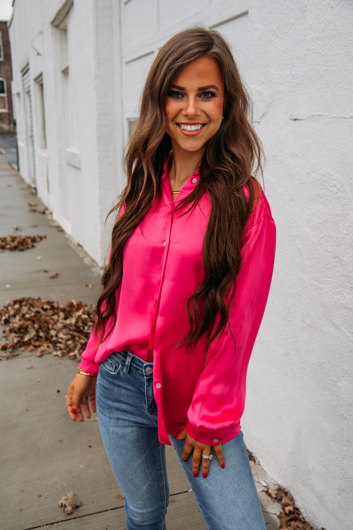 Pink silk shirt outlet outfit