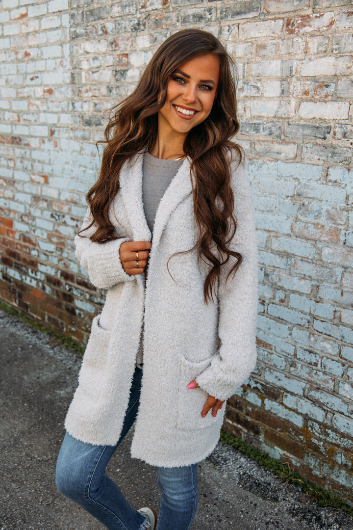 Barefoot Dreams: CozyChic® Boucle Hooded Long Coatigan -Almond