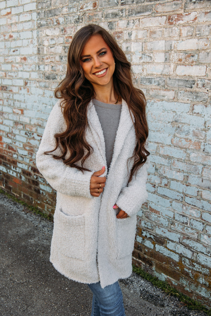 Barefoot Dreams: CozyChic® Boucle Hooded Long Coatigan -Almond