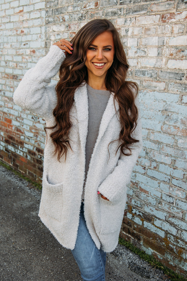 Barefoot Dreams: CozyChic® Boucle Hooded Long Coatigan -Almond