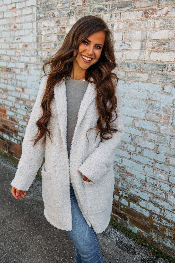 Barefoot Dreams: CozyChic® Boucle Hooded Long Coatigan -Almond
