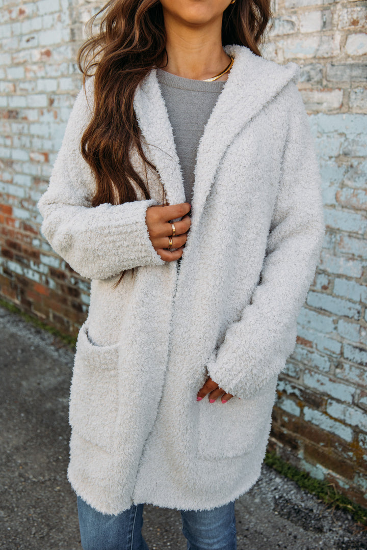 Barefoot Dreams: CozyChic® Boucle Hooded Long Coatigan -Almond