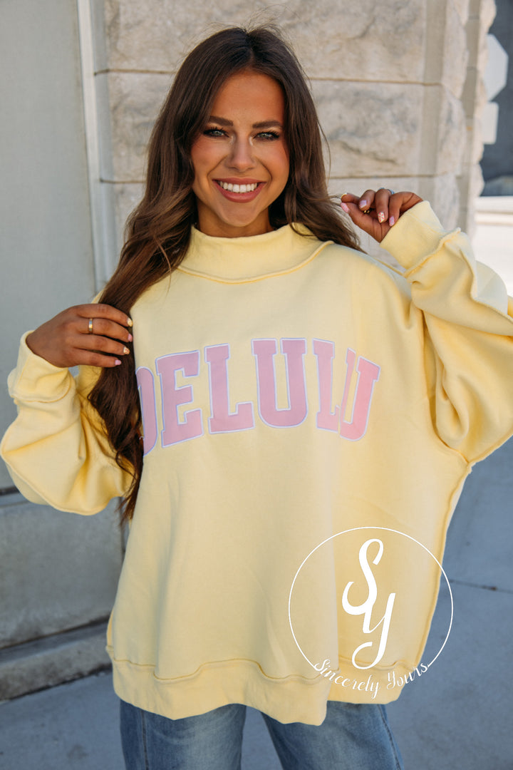 'Delulu' Mock Neck - Butter Yellow/ Pink