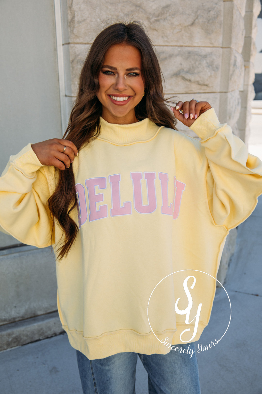 'Delulu' Mock Neck - Butter Yellow/ Pink
