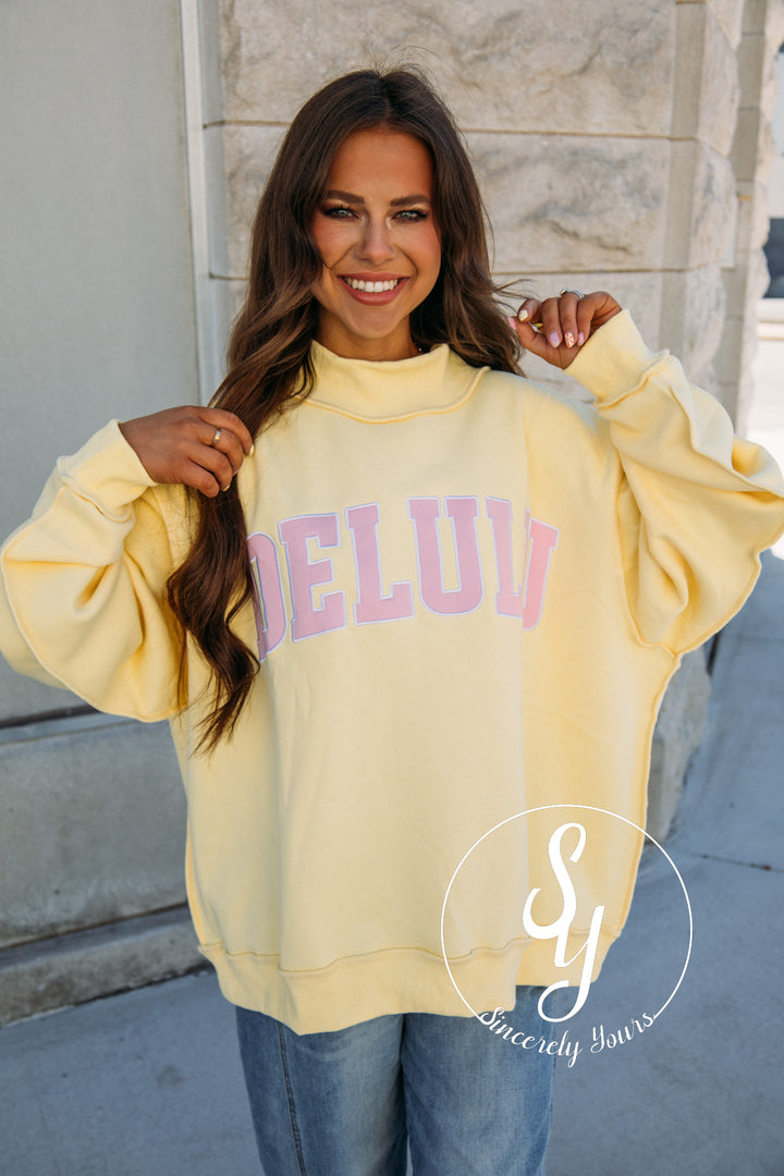 'Delulu' Mock Neck - Butter Yellow/ Pink