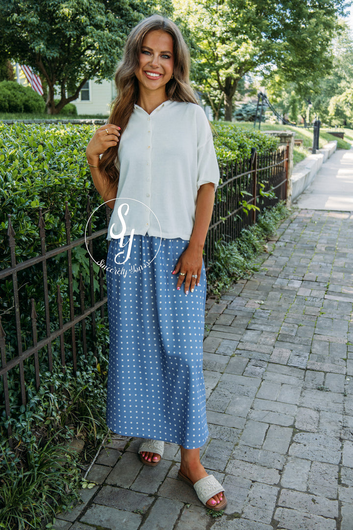 Pretty In Polka Dot Skirt - Lt. Denim/ White