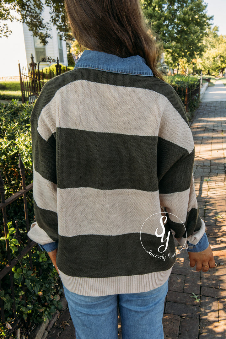 Passing Time Striped Sweater - Olive/Tan
