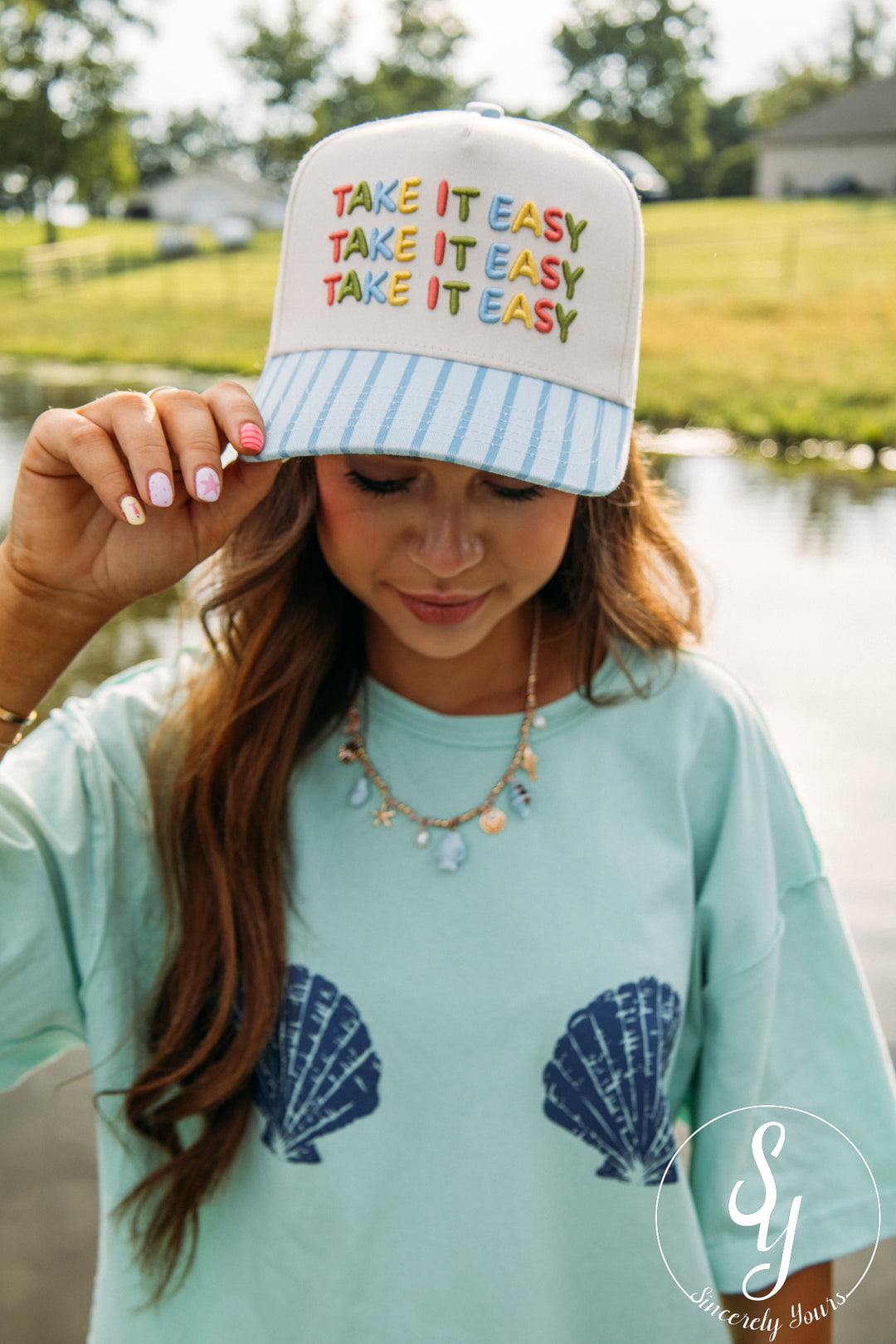 Take It Easy Trucker Hat - Blue Stripe