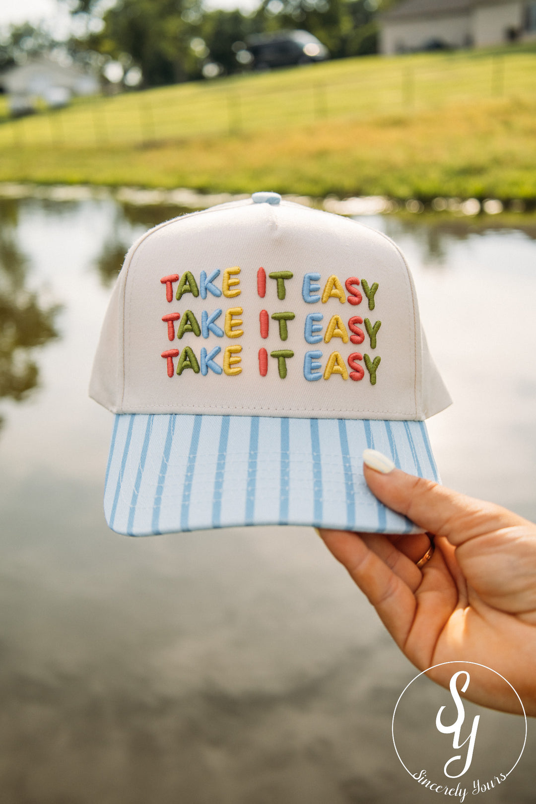 Take It Easy Trucker Hat - Blue Stripe