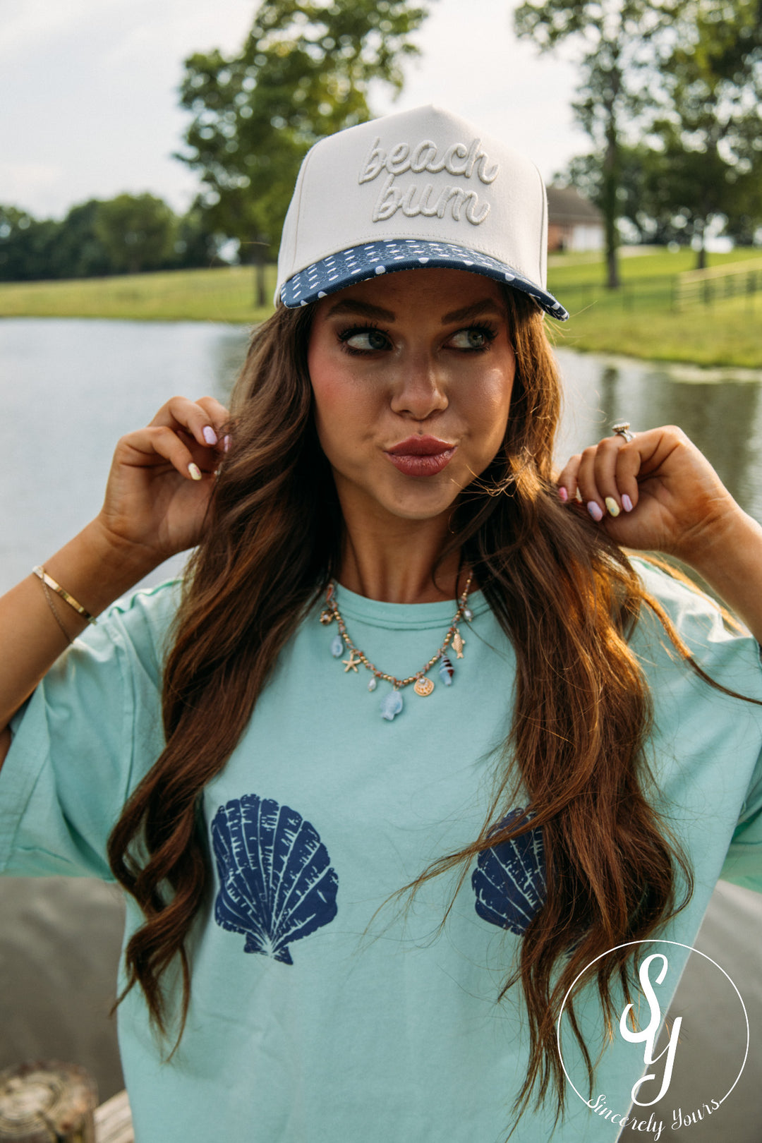Beach Bum Trucker Hat - Navy Polka Dot