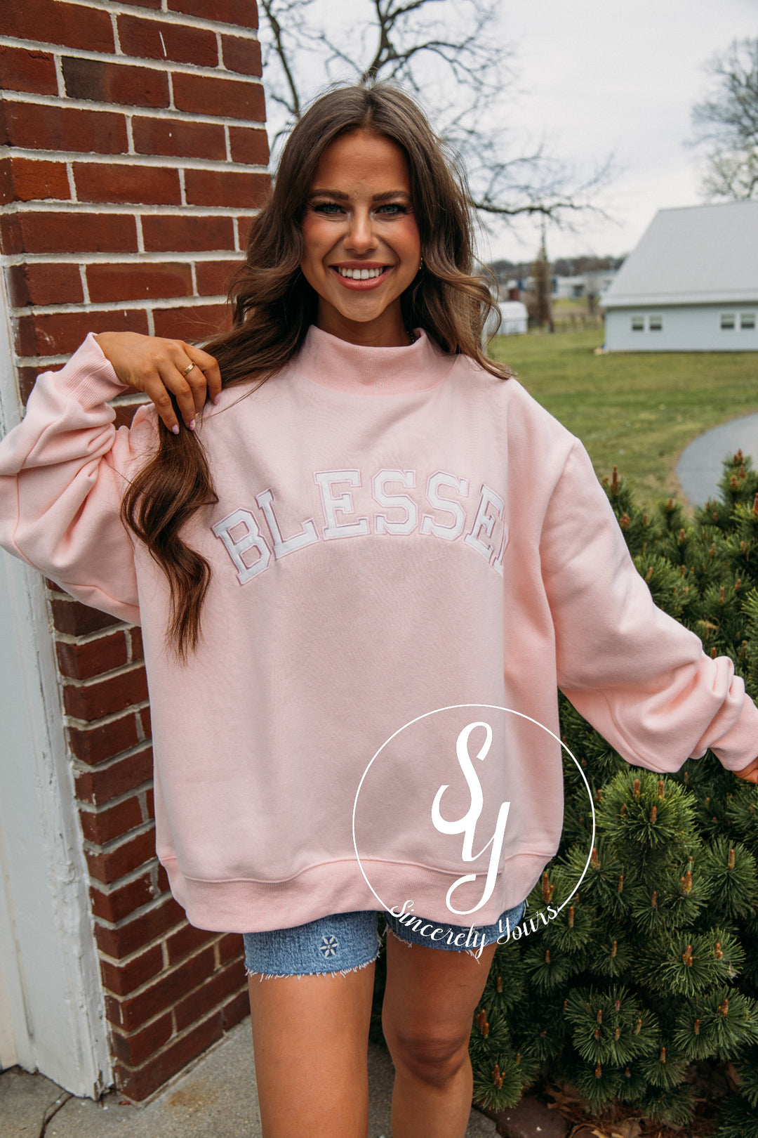 Blessed Mock Neck - Baby Pink