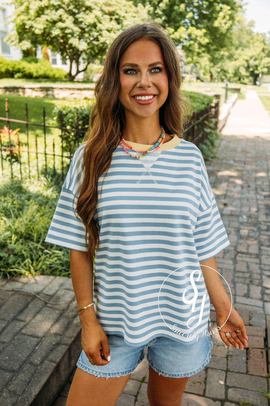 Harbor Stripe Top - Dusty Blue Multi