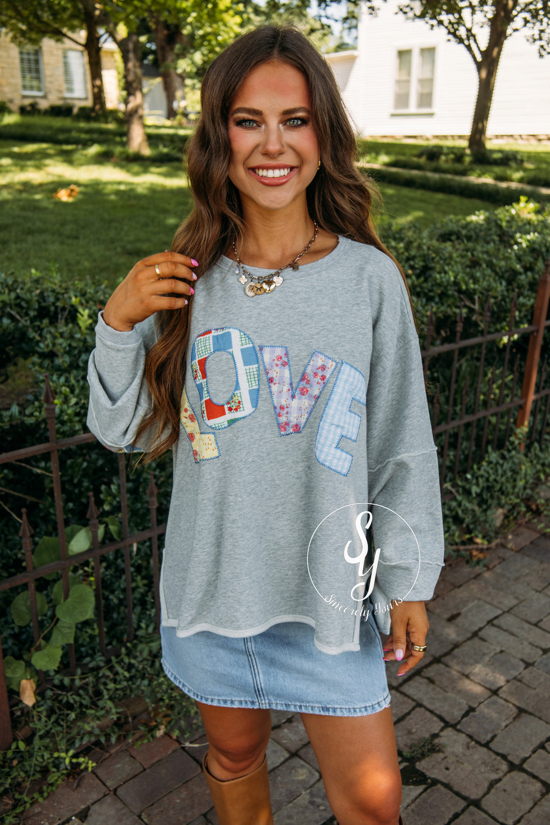 Patched Love Top - Heather Grey