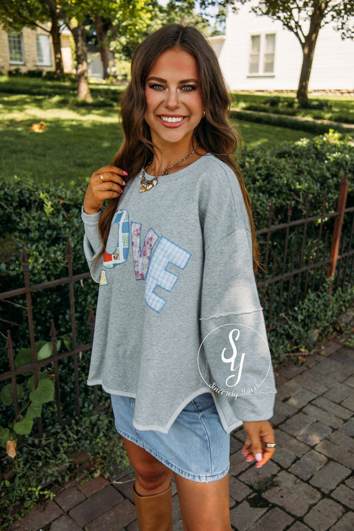 Patched Love Top - Heather Grey