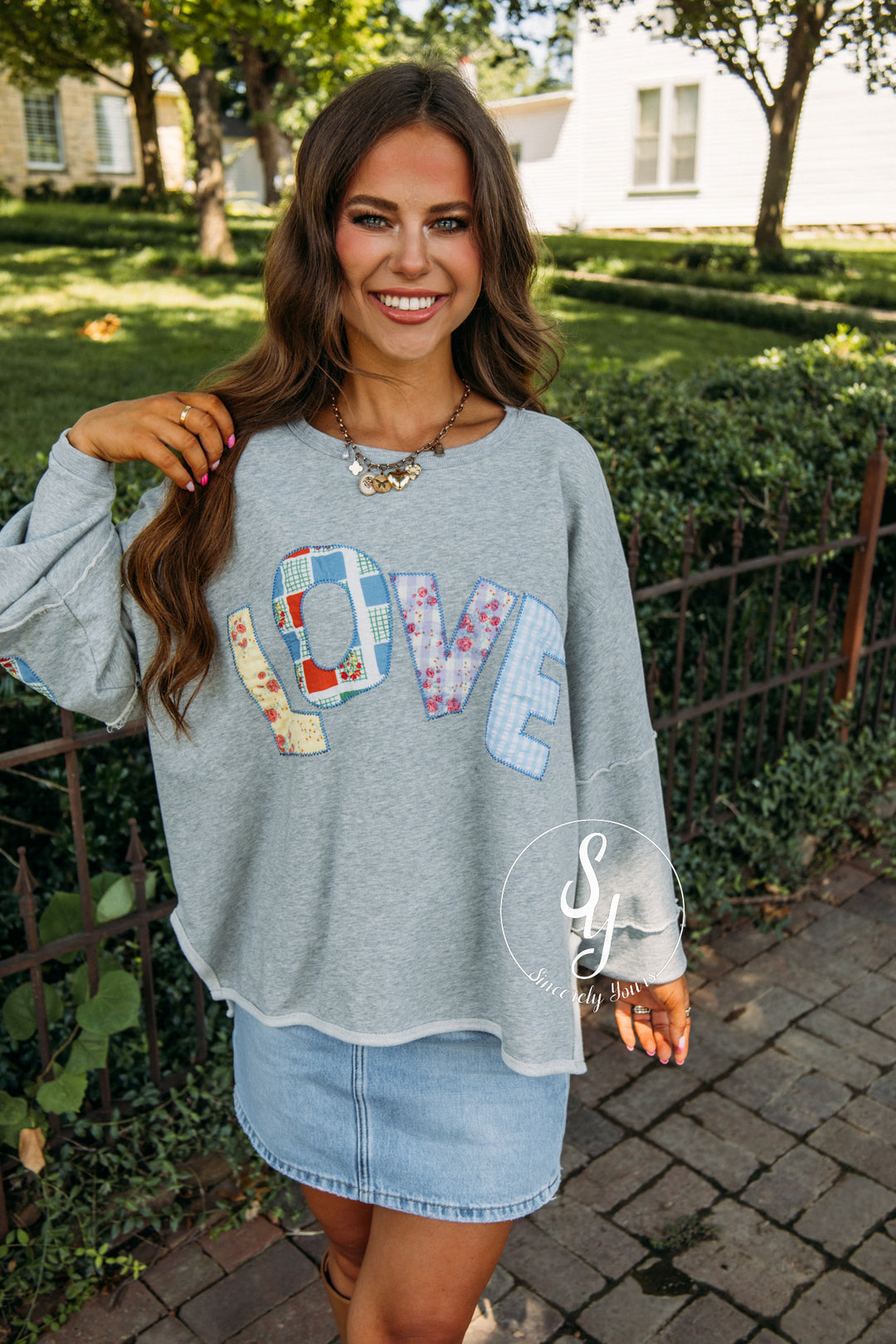 Patched Love Top - Heather Grey