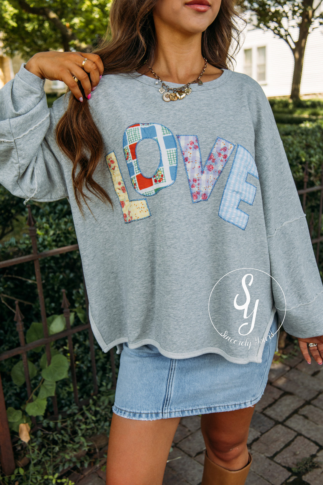 Patched Love Top - Heather Grey