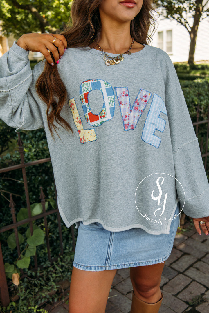 Patched Love Top - Heather Grey