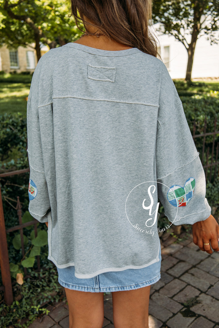 Patched Love Top - Heather Grey