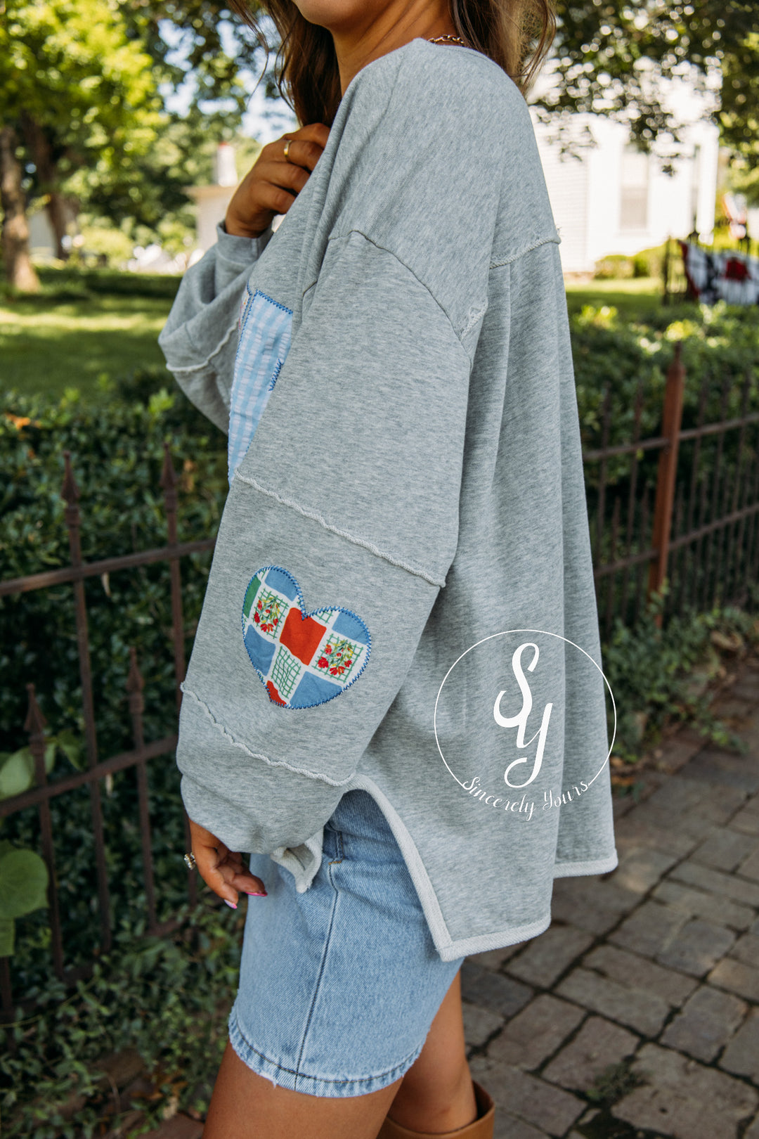 Patched Love Top - Heather Grey