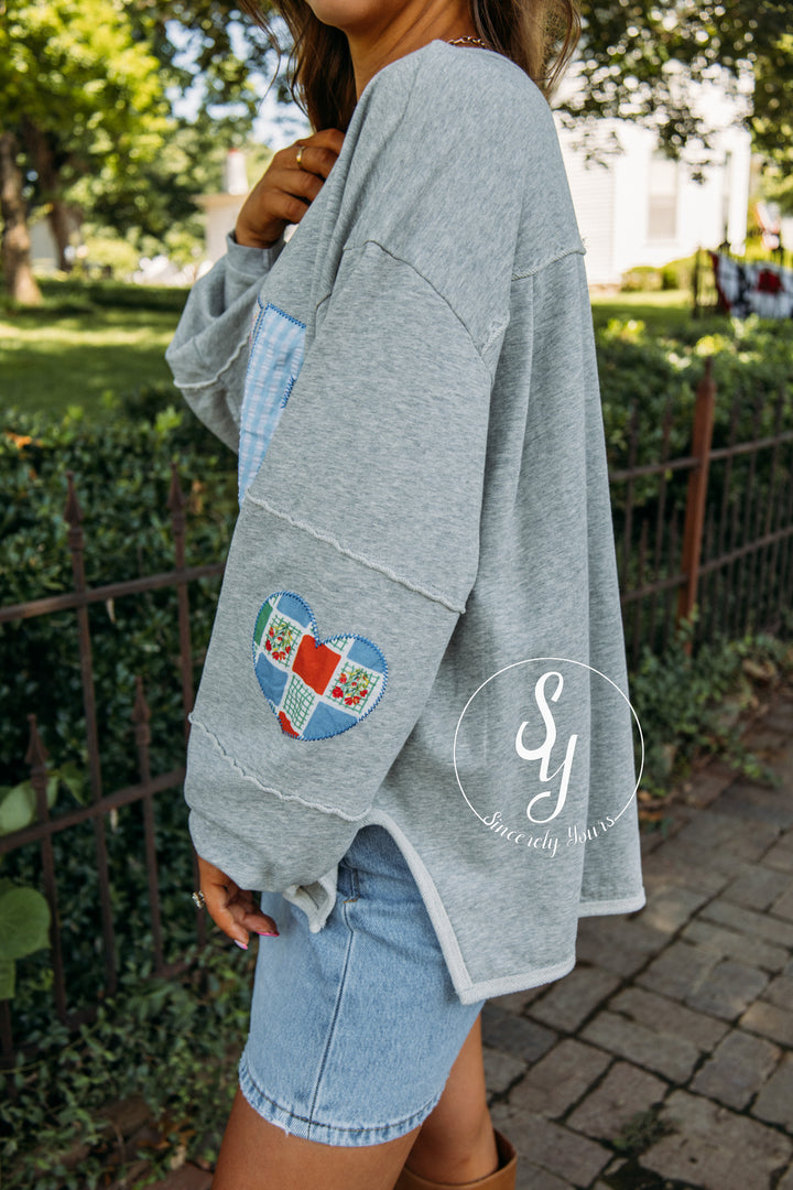Patched Love Top - Heather Grey