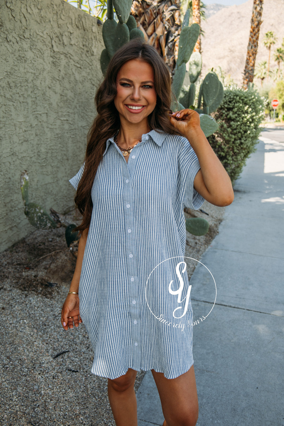 All About The Stripes Dress - Ivory Blue