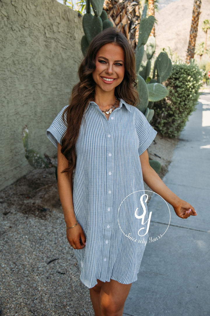 All About The Stripes Dress - Ivory Blue
