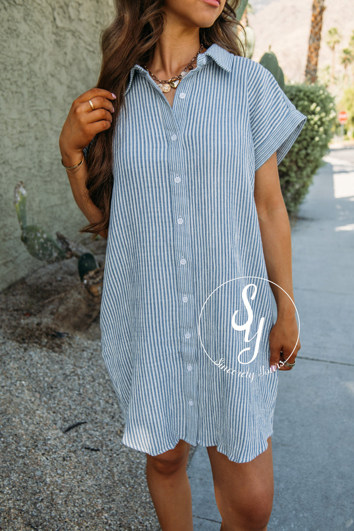 All About The Stripes Dress - Ivory Blue