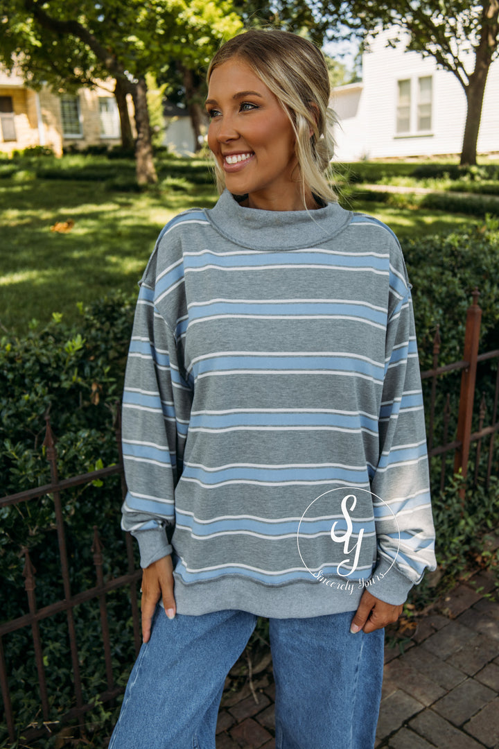 Easy Feeling Stripe Mock Neck - Grey/Blue
