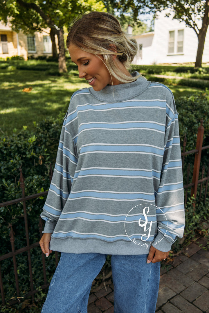 Easy Feeling Stripe Mock Neck - Grey/Blue
