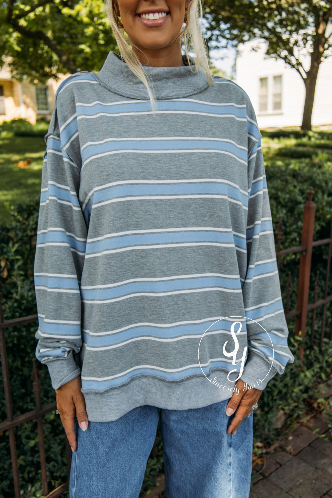 Easy Feeling Stripe Mock Neck - Grey/Blue