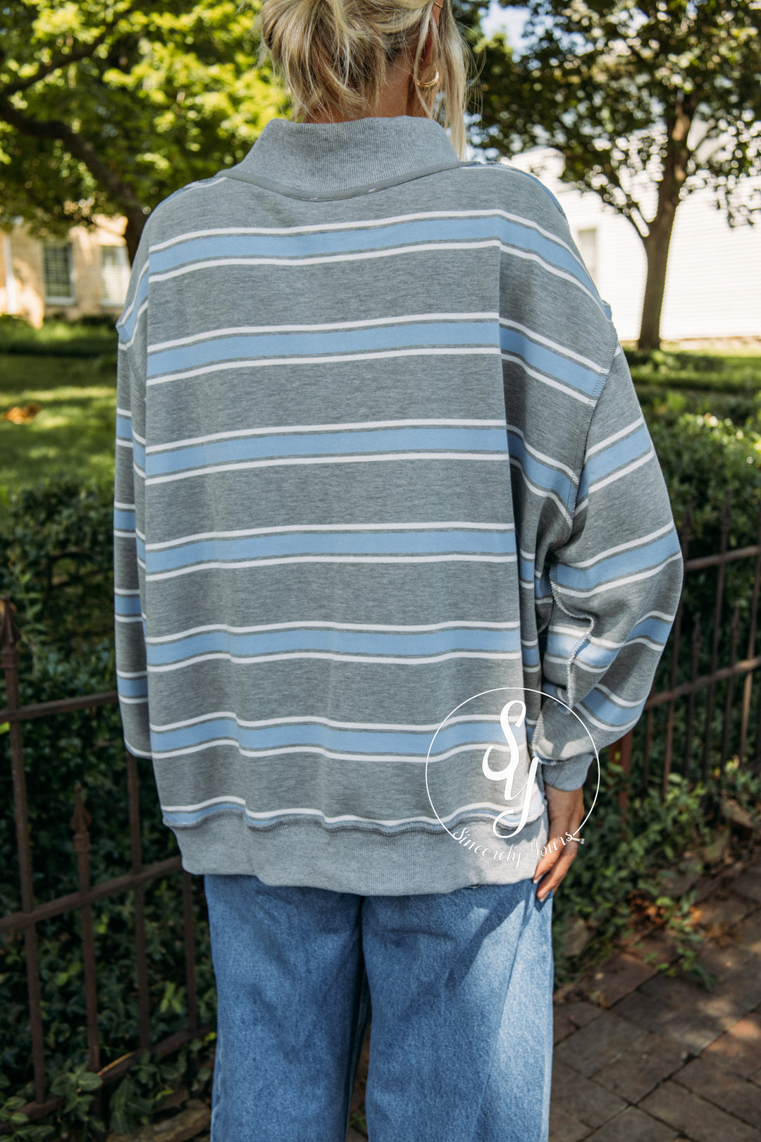 Easy Feeling Stripe Mock Neck - Grey/Blue