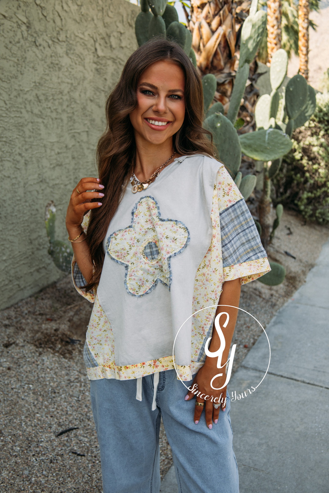 Floral Fabric Top - Grey