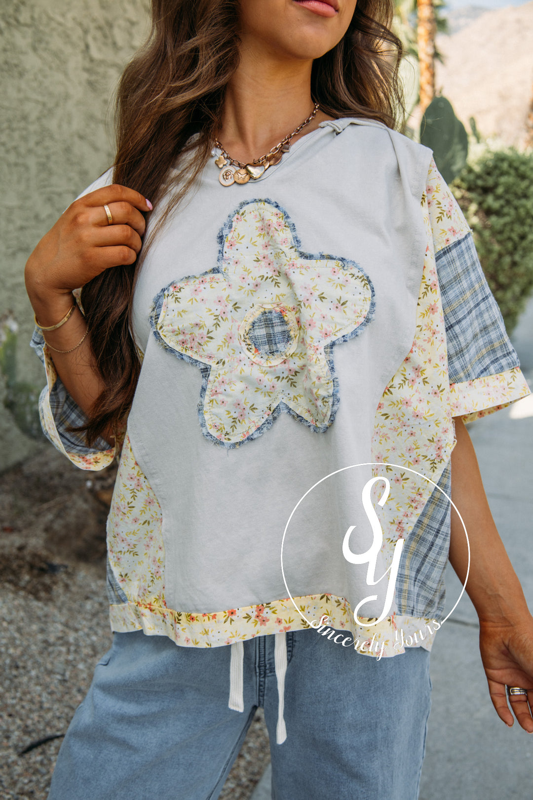 Floral Fabric Top - Grey