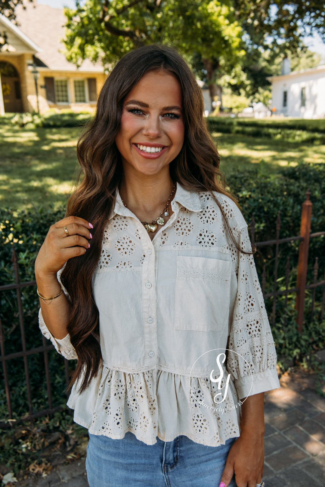 Eyelet Love Top - Sandshell