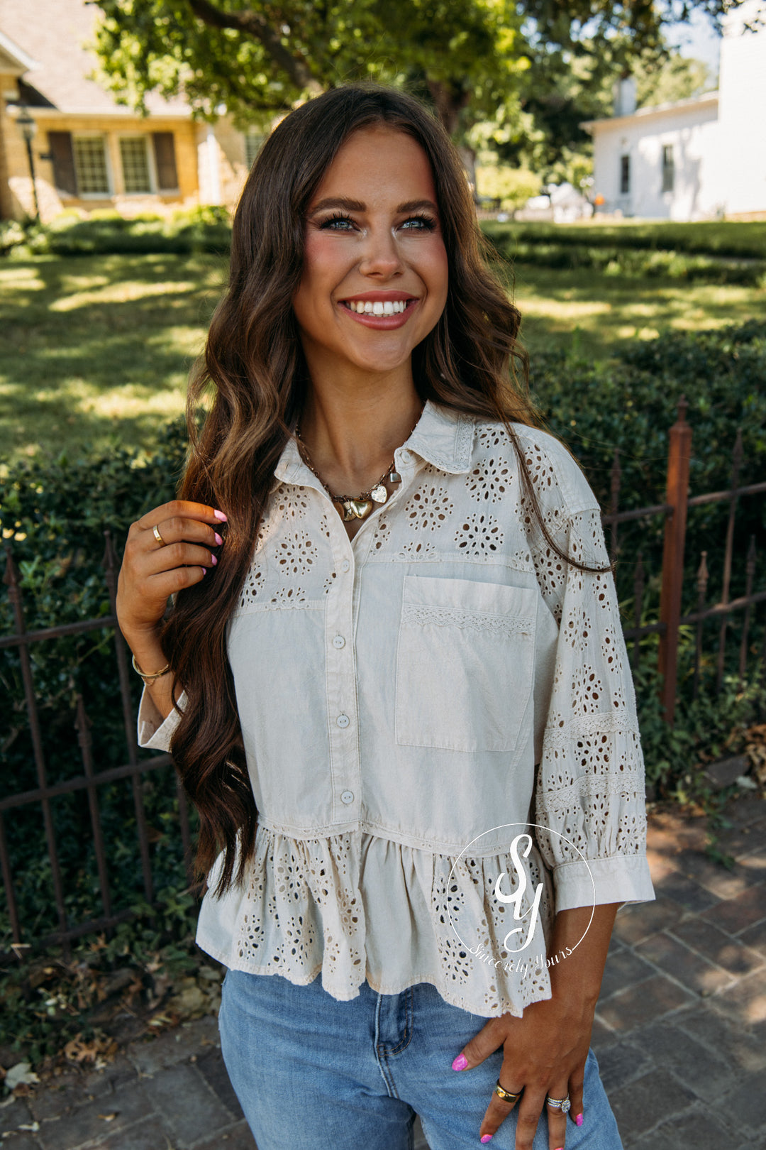 Eyelet Love Top - Sandshell