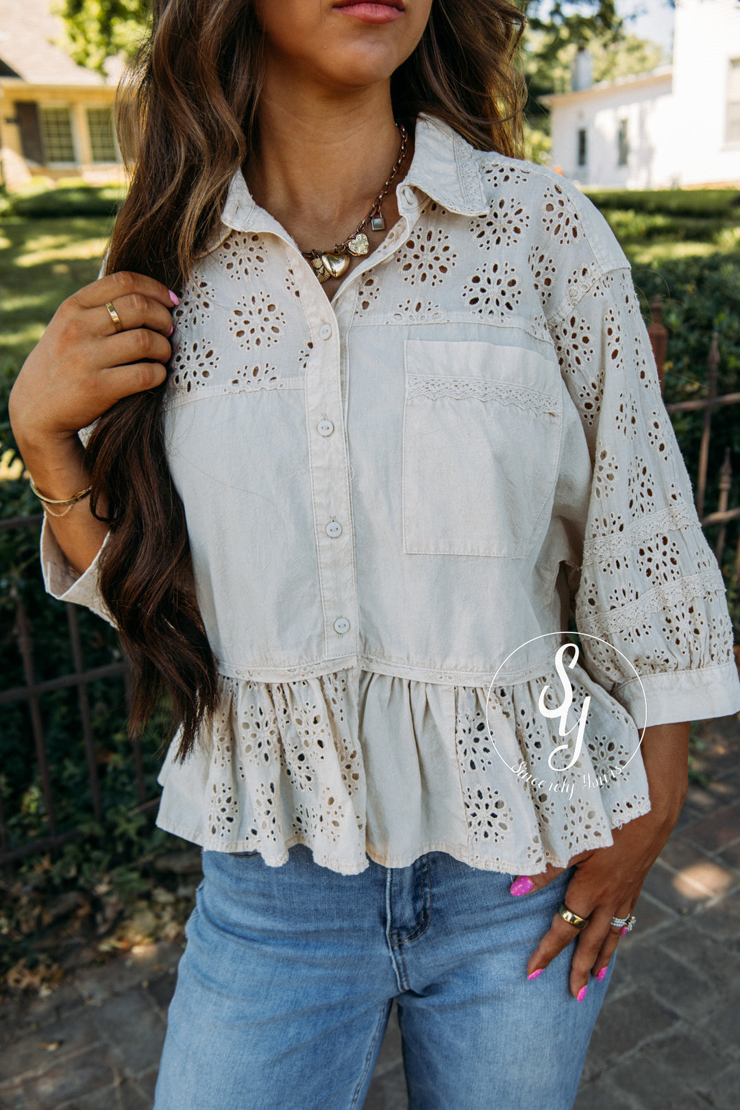 Eyelet Love Top - Sandshell
