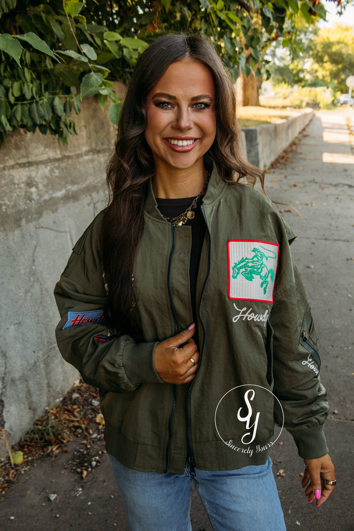 Patched Bomber Jacket - Army Green
