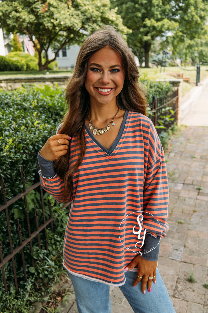 Classic And Warm Top - Coral/Navy