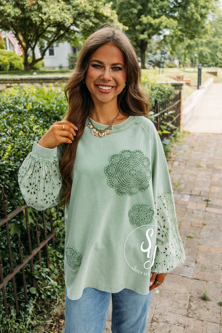 Flowers In Lace Top - Apple Green