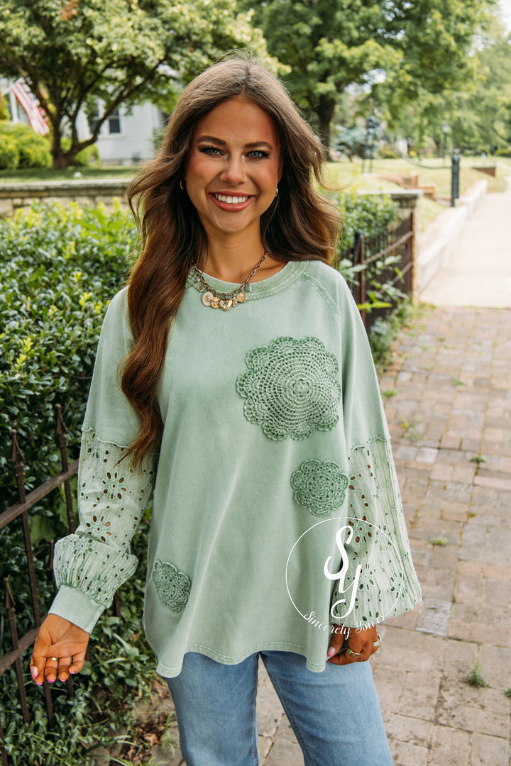 Flowers In Lace Top - Apple Green