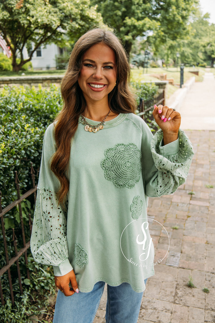 Flowers In Lace Top - Apple Green