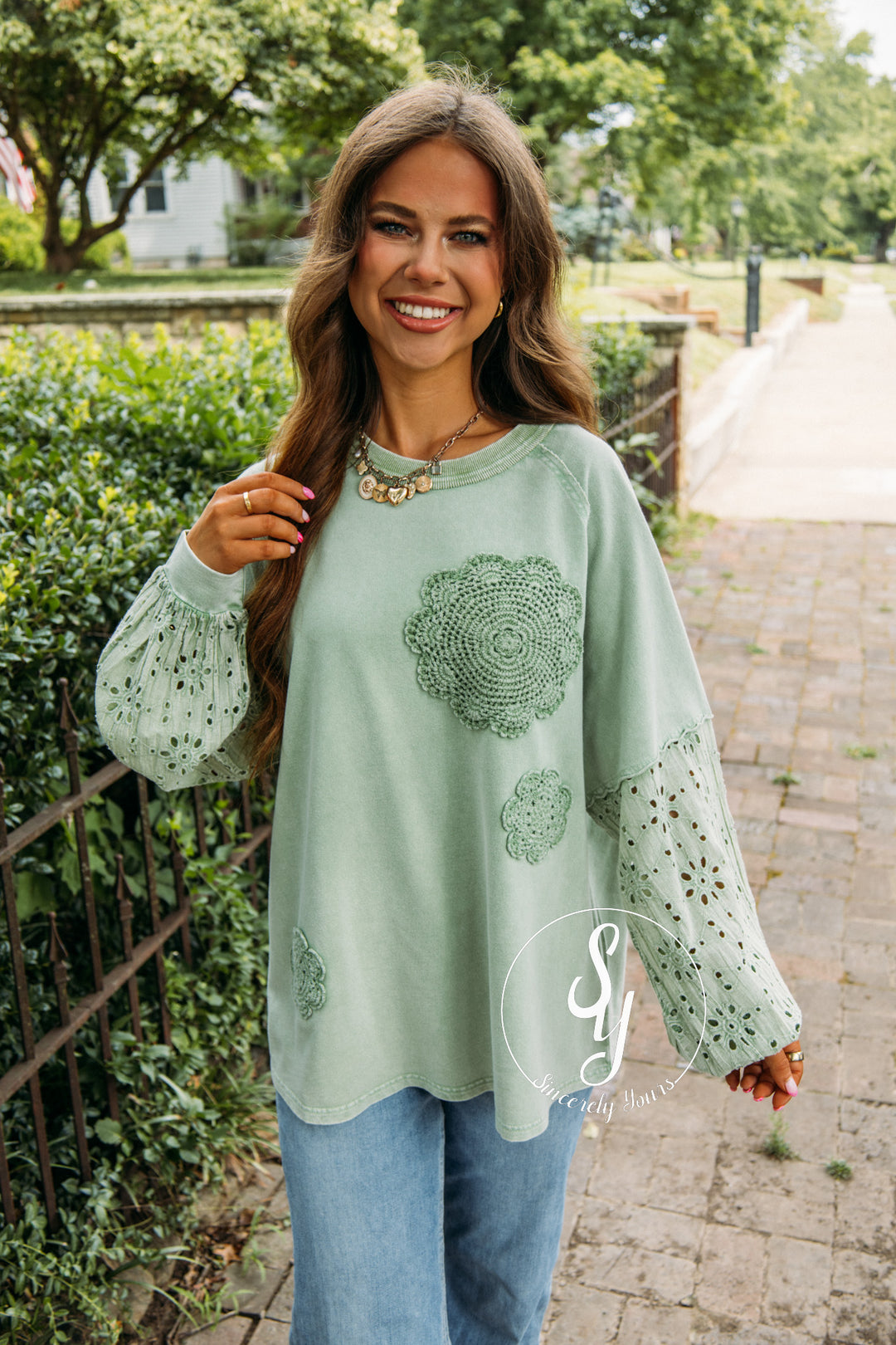 Flowers In Lace Top - Apple Green