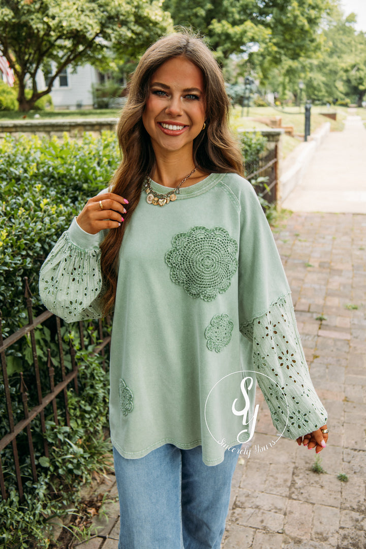 Flowers In Lace Top - Apple Green
