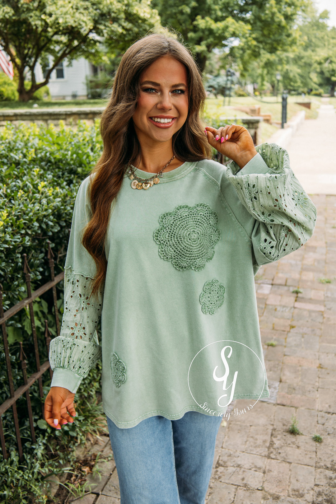 Flowers In Lace Top - Apple Green