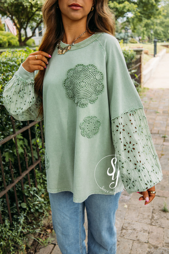 Flowers In Lace Top - Apple Green